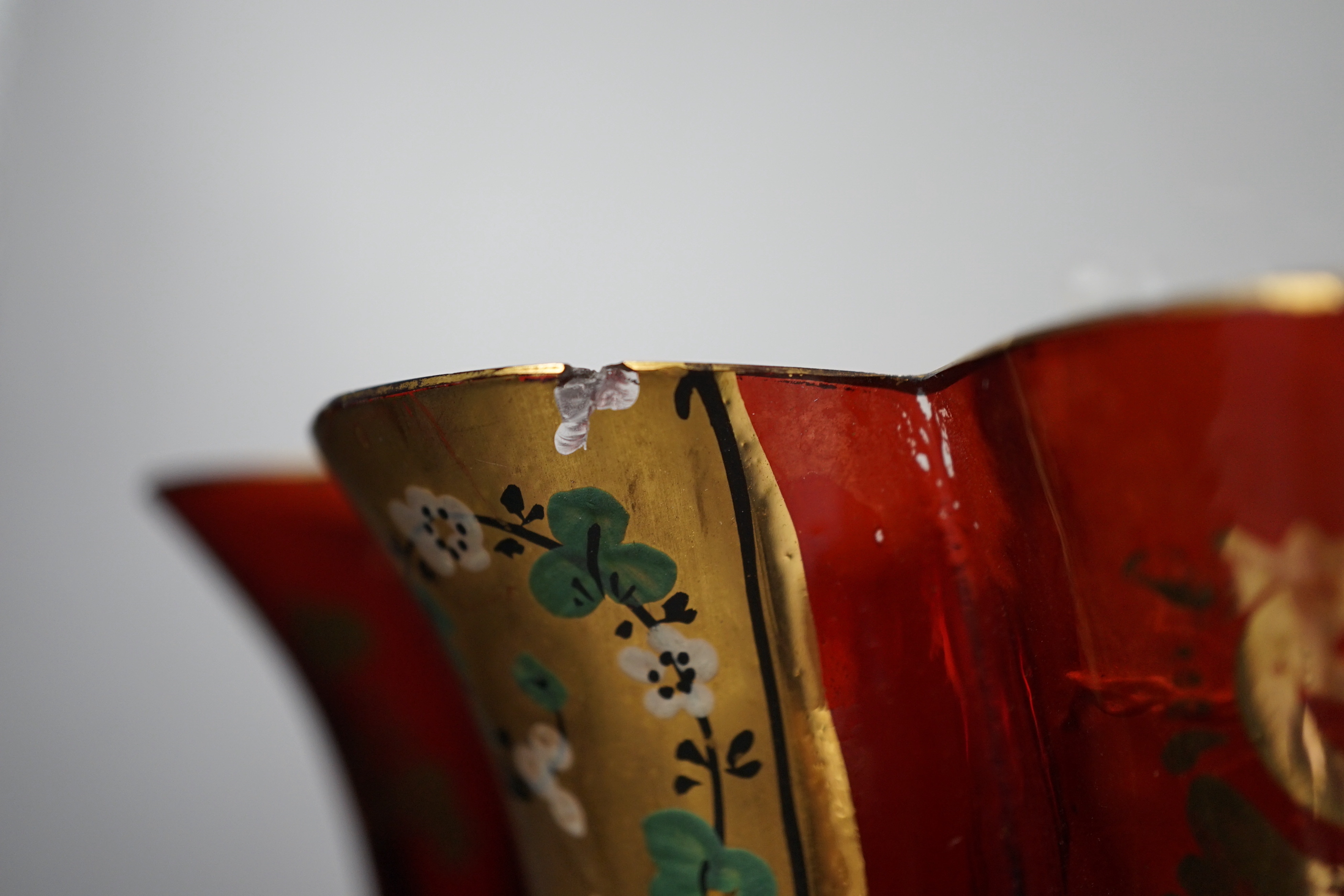 A pair of Continental overlaid ruby glass table lustres, 34.5cm